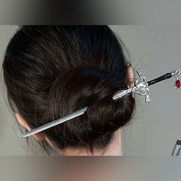 Medieval Renaissance Sword Hair Accessory with faux sparkling Red Jewel - Picture 2 of 3